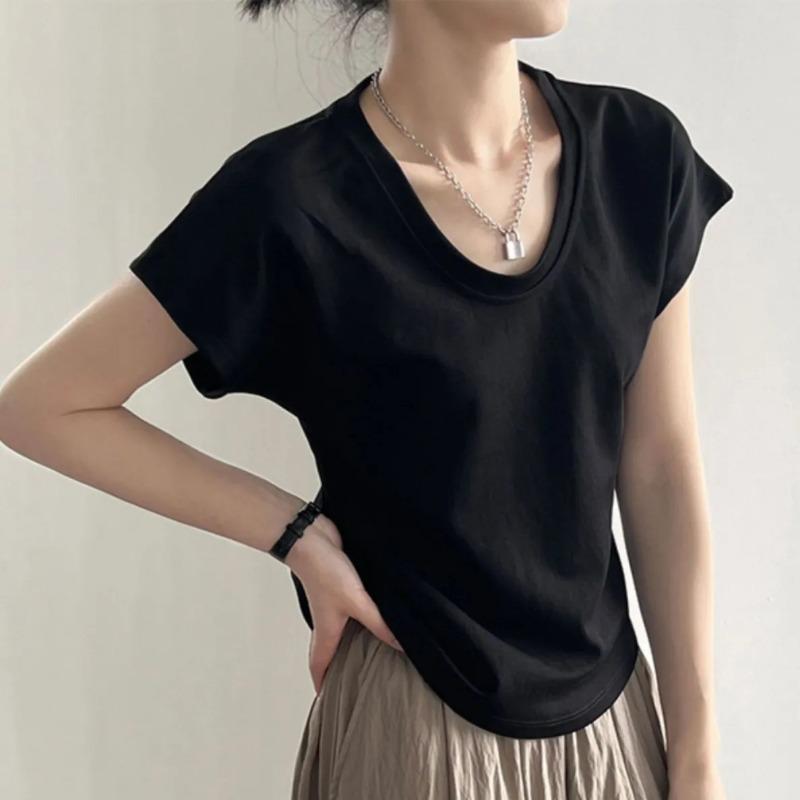 Women Summer White V Neck Dolman Sleeve Curved Hem T Shirt