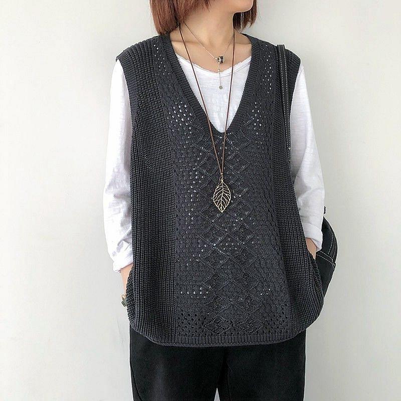 Damski Retro Bezrękawnik Dzianinowy Kamizelka Damska Wzórażurowy Luźny Wiosna Jesień Oddychający Gilet Sweter