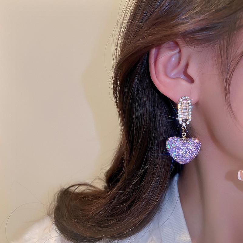 Sweet Purple Love Heart Crystal Dangle Earrings Women Shine Rhinestone Earrings Weddings Party Zircon Accessories