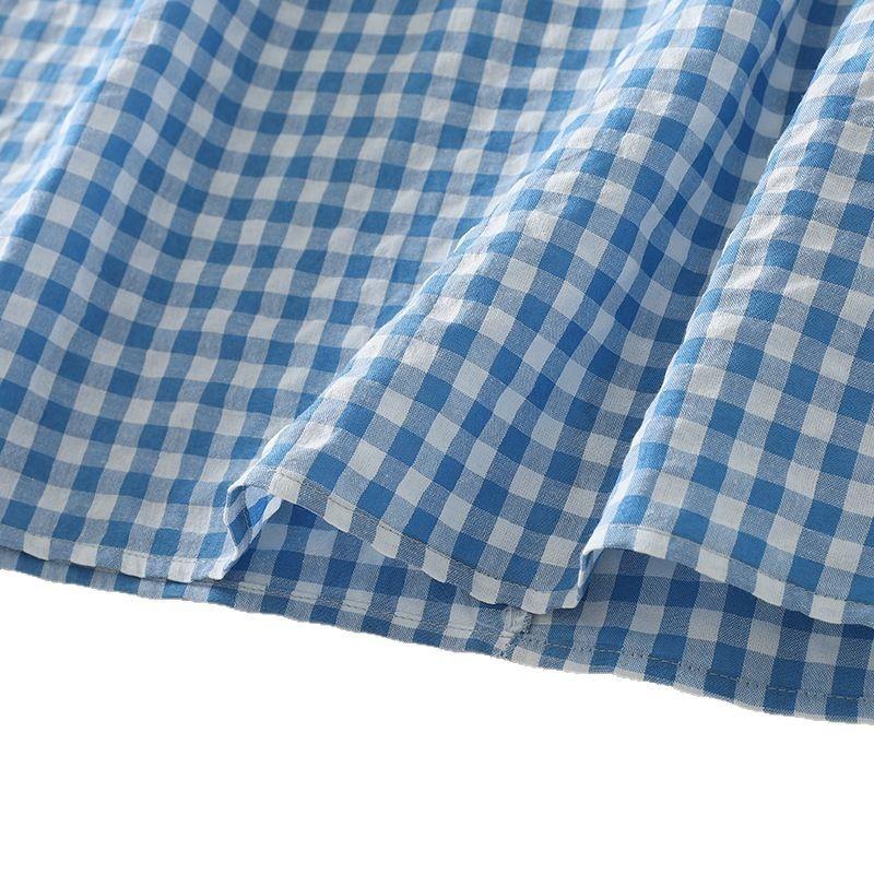 2025 Spring Retro Round Neck Long-sleeved Blue Plaid Dress Women's Loose and Thin Casual Cotton and Linen Long Dress