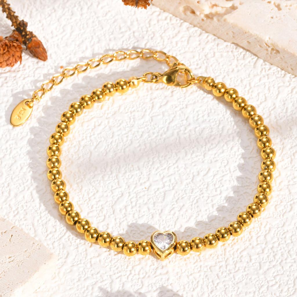 Zirconia Heart Bracelet for Women, Beaded Strand Link Bangle Gold Plated, Stainless Steel Adjustable Bracelets