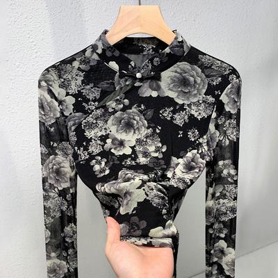 Black Long-sleeved Printed T-shirt New Autumn New Women's Clothing New Chinese Button-up Stand-up Collar Top
