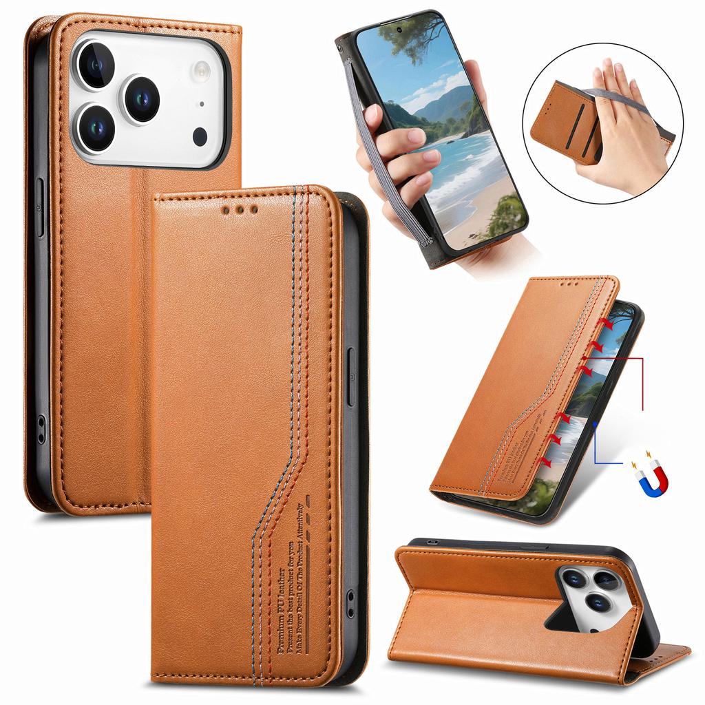 For iPhone 17 Pro Max Case Wallet Tri-Color Stitching Leather Phone Cover with Elastic Wristband