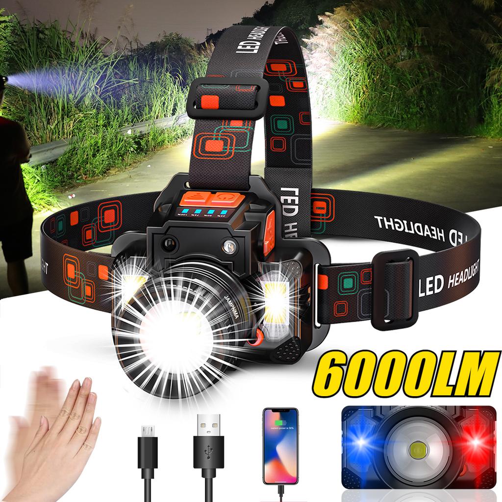Akumulatorowa latarka czołowa LED, Super jasna lampa czołowa z 6 trybami i wodoodpornym światłem ostrzegawczym, Czujnik ruchu Regulowana opaska na głowę