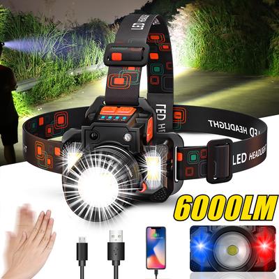 LED dobíjecí čelovka, Super jasné světlo se 6 režimy a vodotěsným výstražným světlem, Senzor pohybu, Nastavitelná čelenka