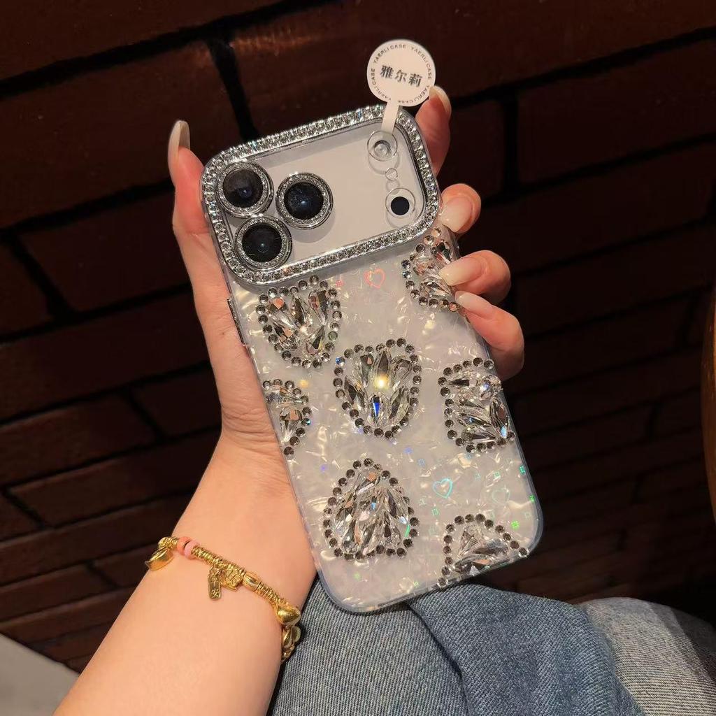 Luxury Heart Shell Rhinestone Case for iPhone 17 Pro Max - 16 Heart Design, Precise Fit for Women