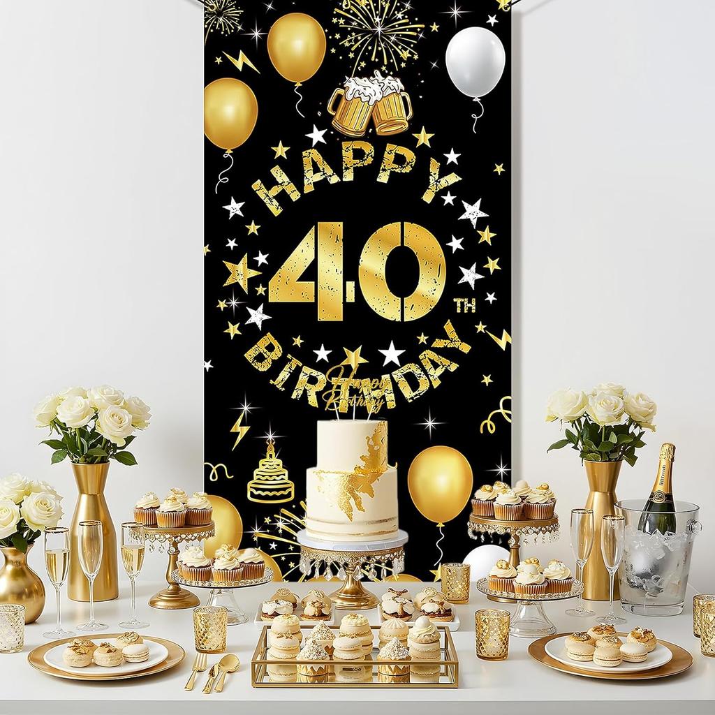 Vicycaty Happy 40th Birthday Decorations for Men Women, 40th Birthday Banner Backdrop, Fabric 40 Years Old Party Yard Sign Photo Props Door Decor