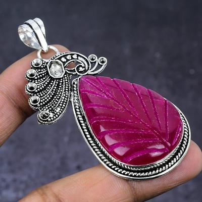 Ciondolo in argento sterling 925 con pietra preziosa rossa del Kashmir, fatto a mano, 2,76" S1O57