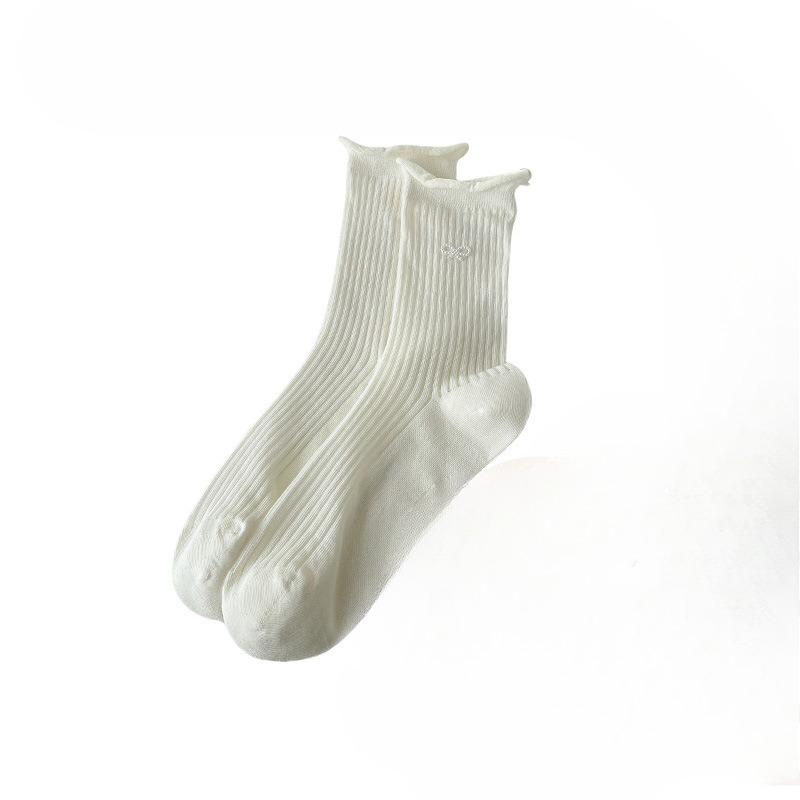 

Женские весенне-летние ультратонкие хлопковые носки-трубы с милым жемчужным бантом и очаровательным волнистым краем, отводящие пот и дышащие 1 pair молочный белый
