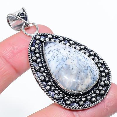 Natural Dendrite Opal Gemstone 925 Sterling Silver Gift Pendant 2.52" W5v90