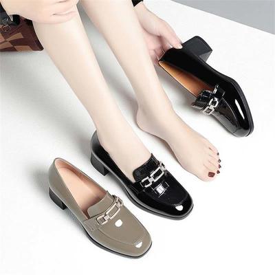 Frühlings Damen Casual Weiches Leder Dicke Ferse Quadratische Zehenpartie Lederschuhe