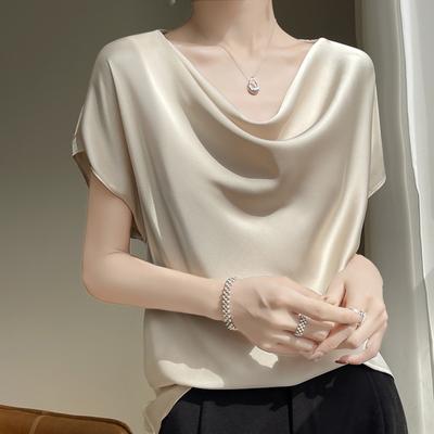 Spring Summer Women Silk Satin Short Top, French Collar Elegant Simple Short Sleeve T-shirt, Plus Size Casual Blouse