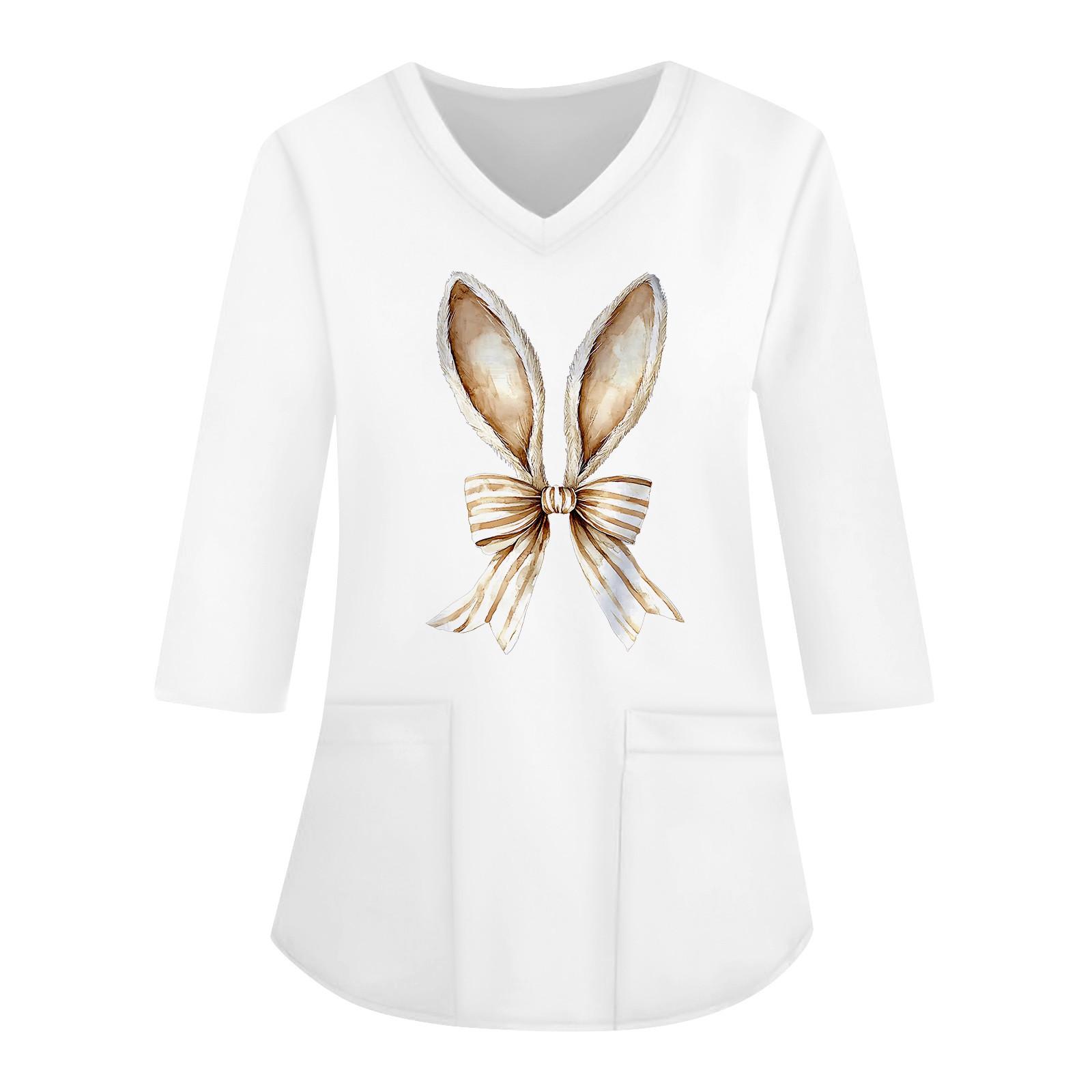 

Модная женская рабочая одежда с v-образным вырезом и рукавами 3/4, свободные топы с карманами и принтом L бежевый