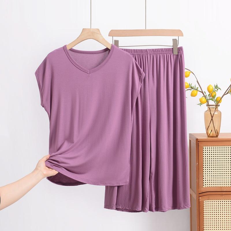 Modal V-Ausschnitt Kurzarm Caprihosen Set, Ein lockeres, übergroßes Freizeit-Zweiteiler-Set für Damen, Kann über Hauskleidung getragen werden