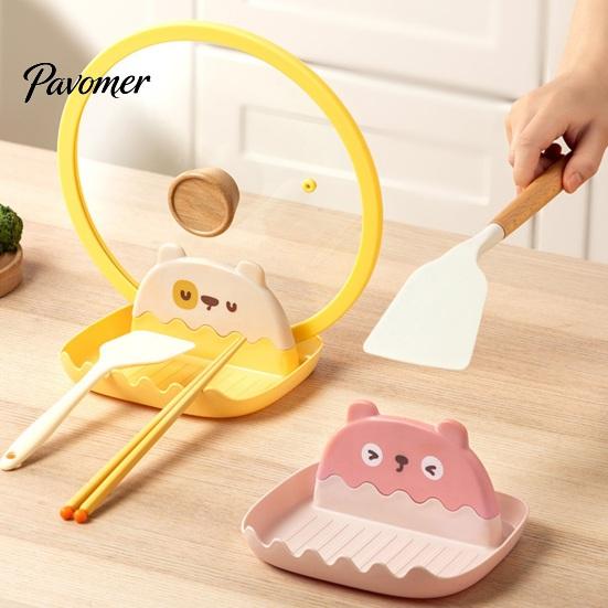 Cute Bear Pot Cover Stand Lid Holder And Spatula Rest, Cartoon Shape, Non-Slip Stable Utensil Rest for Spoons Plastic Organizer with Drain Groove