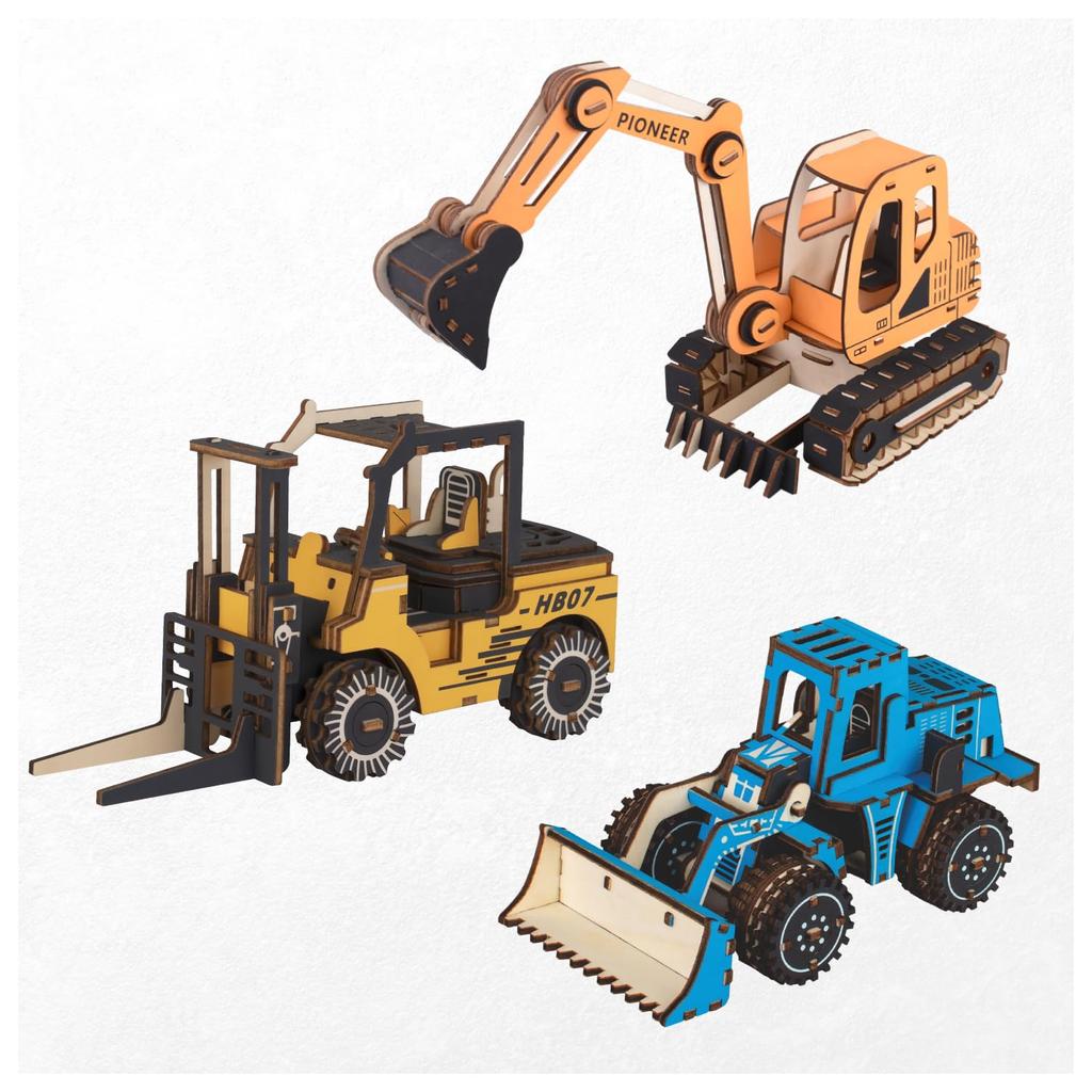 Set of 3 Wooden 4WD Vehicles and Forklift of 3 Construction Puzzles - Bulldozer, Excavator, (Set Vehicles)