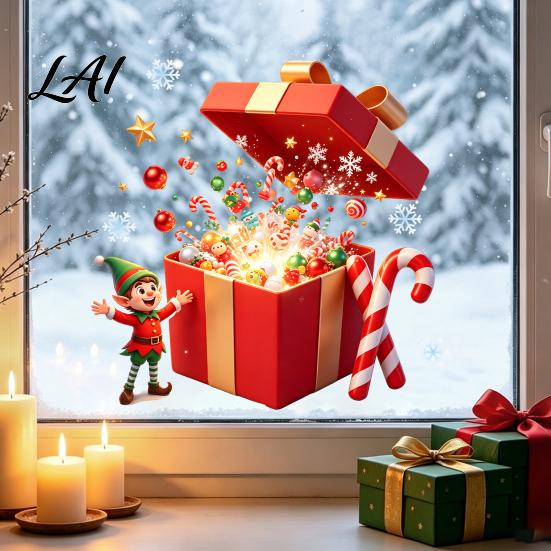 Glass Door Stickers Christmas Elf Gift Box Static Window Clings Reusable Stickers Holiday Removable Festive Ornaments Candy Cane Snowflake for Home