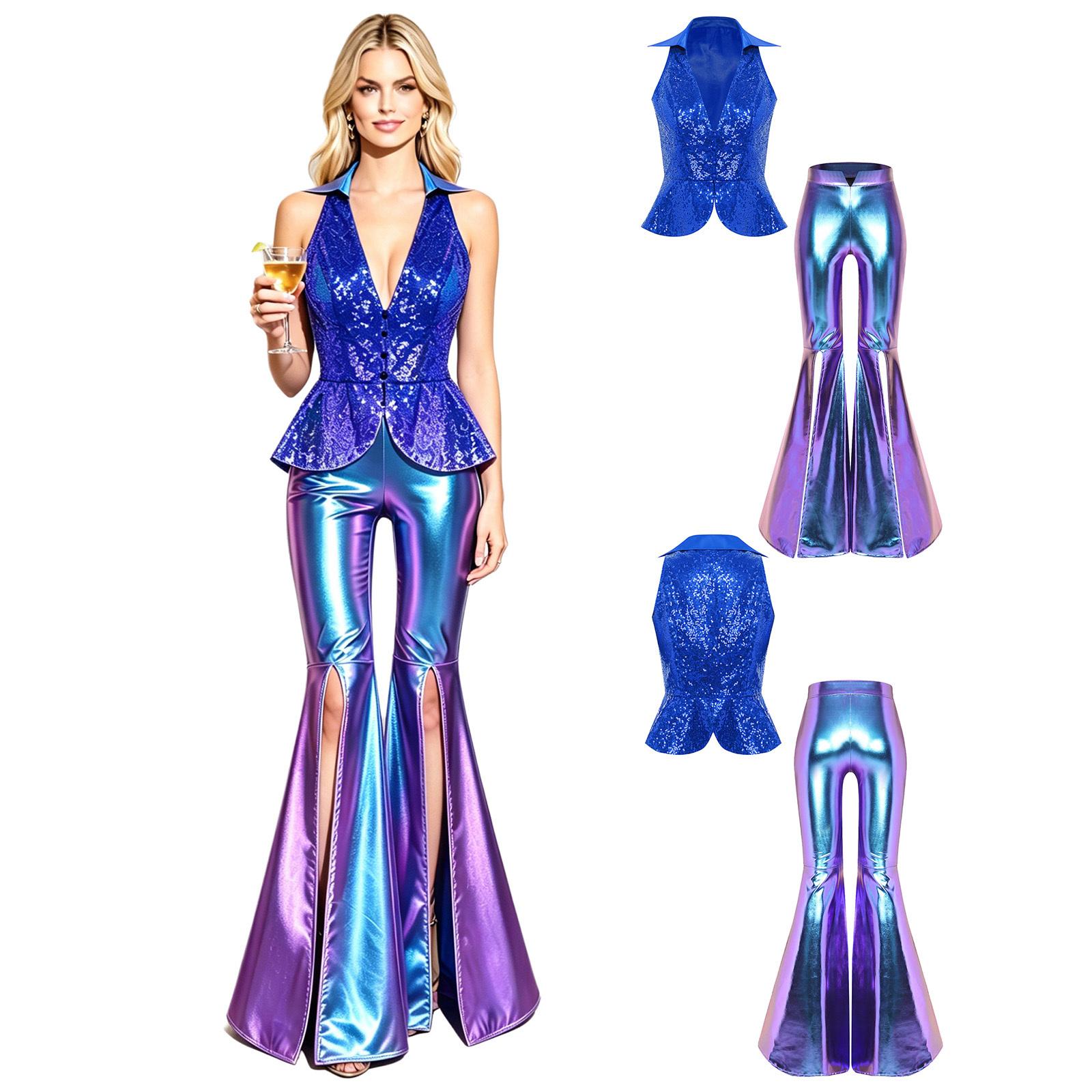 S-3XL Glitzer Disco Zweiteiler Pailletten Revers Crop Weste und V-Taille Seiten Schlitz Schlaghosen für Nachtclub Abschlussball M