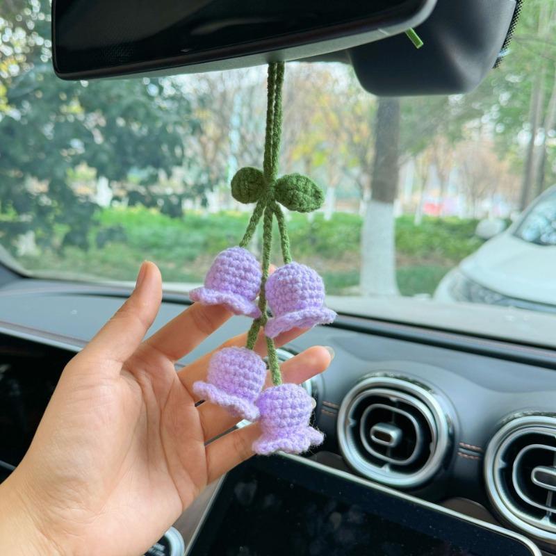 Cute Handmade Crochet Lily Flower Car Pendant Bluebell Flower Car Rearview Mirror Hanging Keychain Decoration Gift