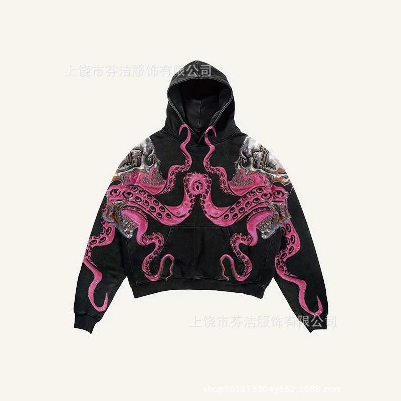 American Flame Skull Frame 3D Printed Hooded Sweatshirt, Vintage High Street Loose Trendy Brand Pullover Sweatshirt