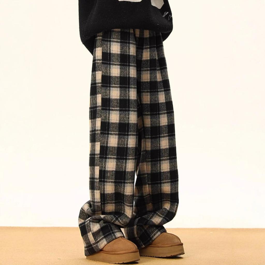 Fleece-Karierte Hose Herren Herbst und Winter Verdickt Warm Wolle Hose Fauler Stil Weites Bein Gerade Hose Fallend Lässig Lange Hose