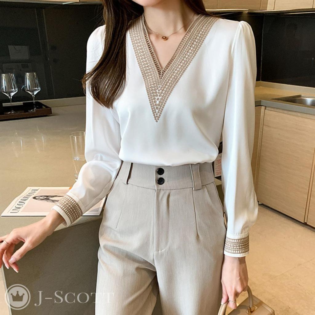 J-Scott Women's V-Neck Blouse with Embroidered Lace, Lace Trim, and Satin-Like Cuffs, White (JS18-WH-S) - Limited Stock