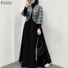 ZANZEA Women Muslim Casual Round Neck Long Sleeve Plaid Print Patchwork Loose Long Dress