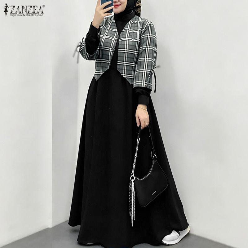 ZANZEA Women Muslim Casual Round Neck Long Sleeve Plaid Print Patchwork Loose Long Dress