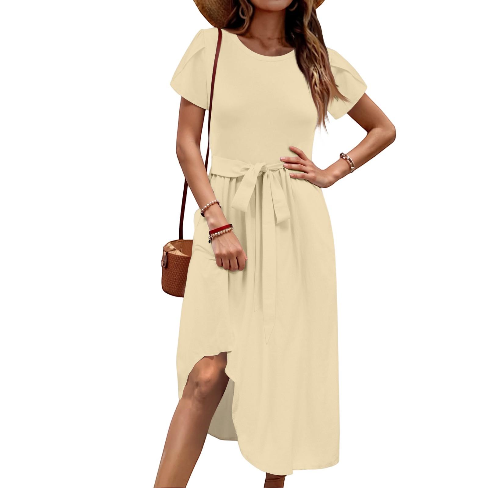 Women s Casual Round Neck Midi Dress Basic Classic Outdoor Everyday Short Sleeve Loose Dress L бежевый