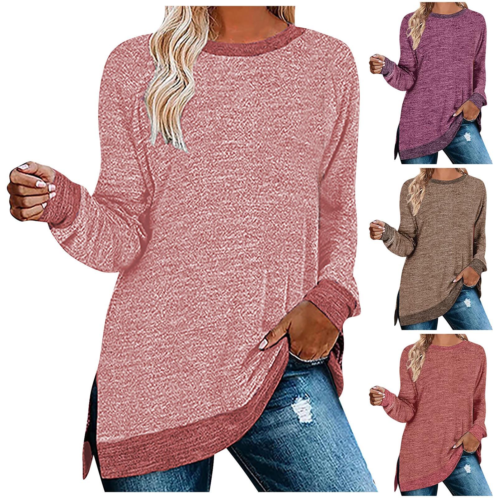 

Fashion Casual Women s Solid Color Long-sleeved Round Neck Stitching T-shirt