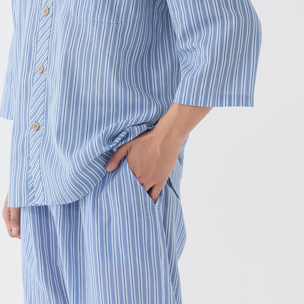 Gunze Sleeve Pajamas with Pants Sleeping Teko Navy Blue Men's 3/4 (Front Opening), Crepe,