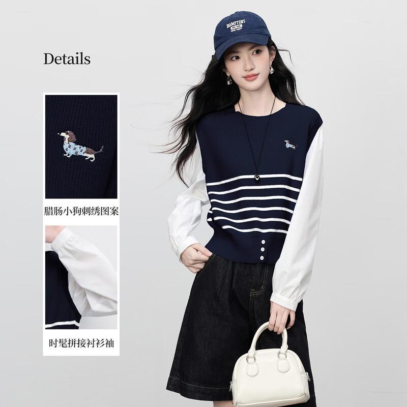 SLLSKY Women s Faux Two-Piece Striped Knit Top M