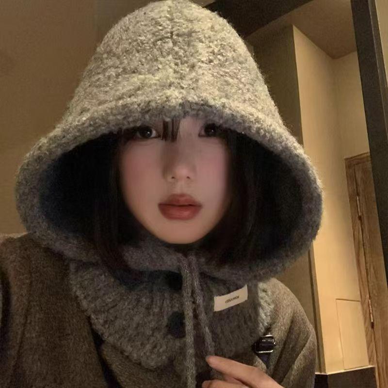 Mary Plush Balaclava Hat, Women's Winter Wool Warm and Cold Ear Protection Knitted Hat, Scarf Integrated Headgear