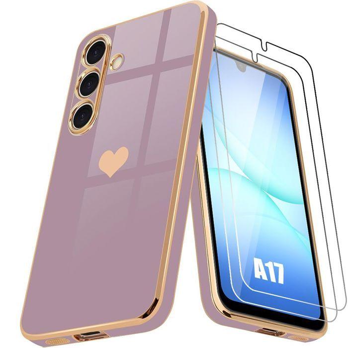 Coque de Protection - BOOLING - Samsung Galaxy A17 4G/5G - Motif Cœur Violet - 2 Verres Trempés