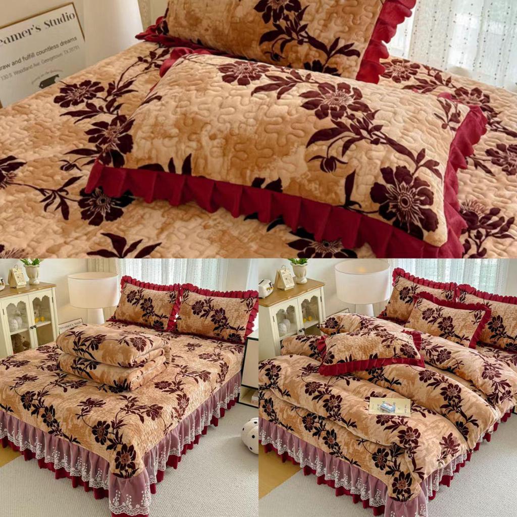Thickened Quilted Velvet Bedspread Set with Lace Pillowcase and Static-Free Warm Temperature Control