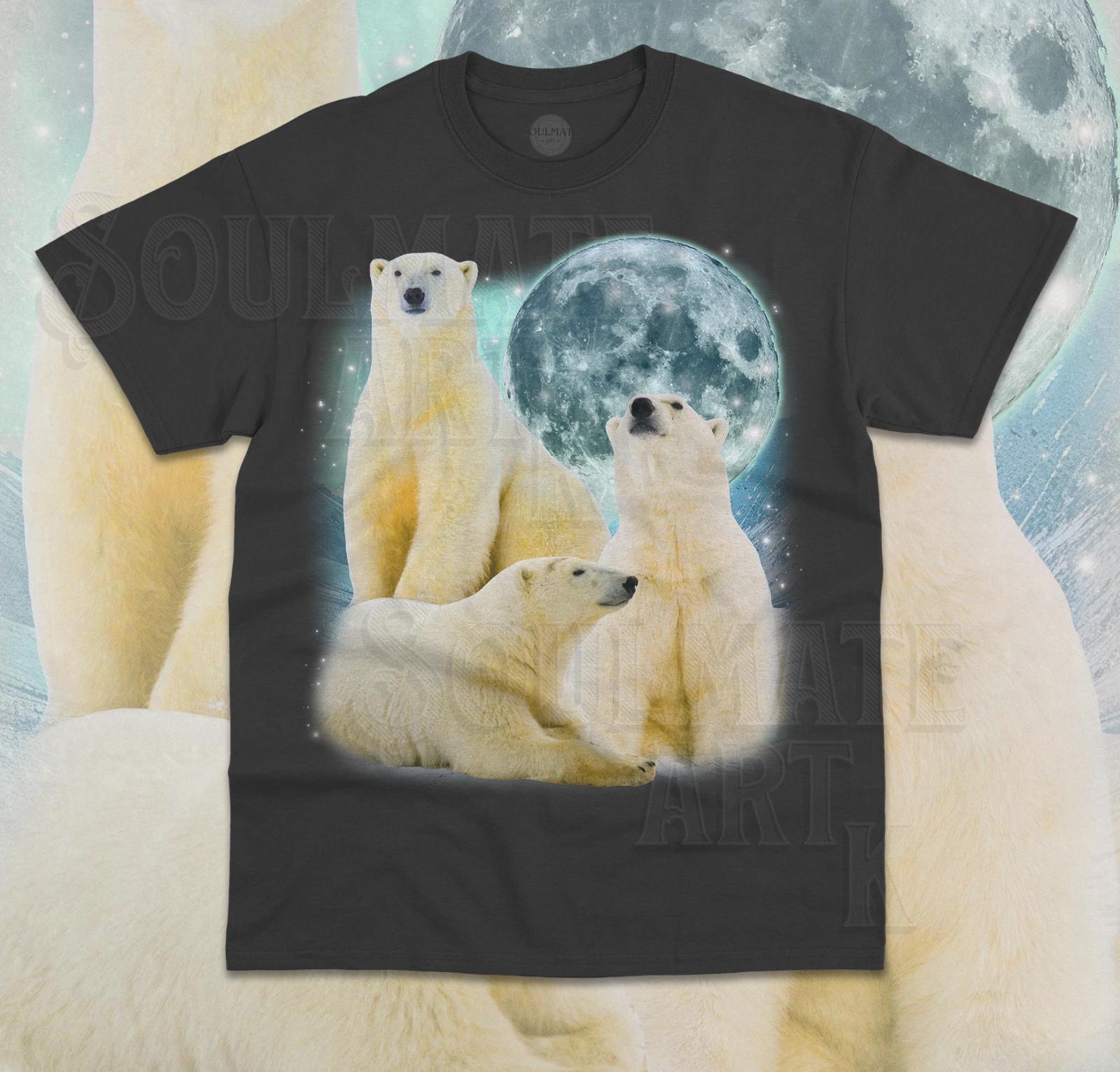 Three Polar Bears Moon T-Shirt Funny Meme Cute Graphic Moon Unisex Animal Shirt S