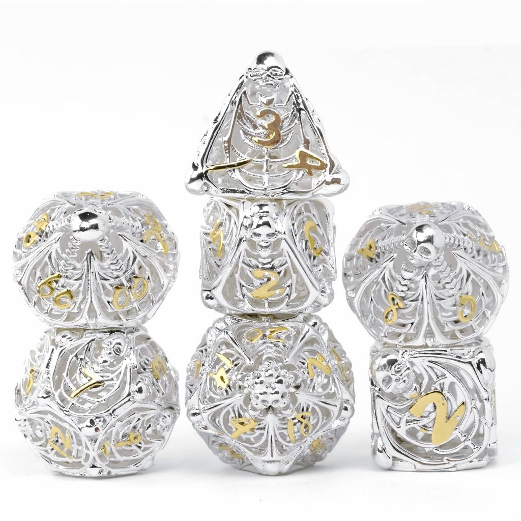 Cusdie Skelett Hohl DND Würfel Metall 7 Stück D4-D20 Polyedrisches Würfelset für Dungeons and Dragons Rollenspiel Pathfinder