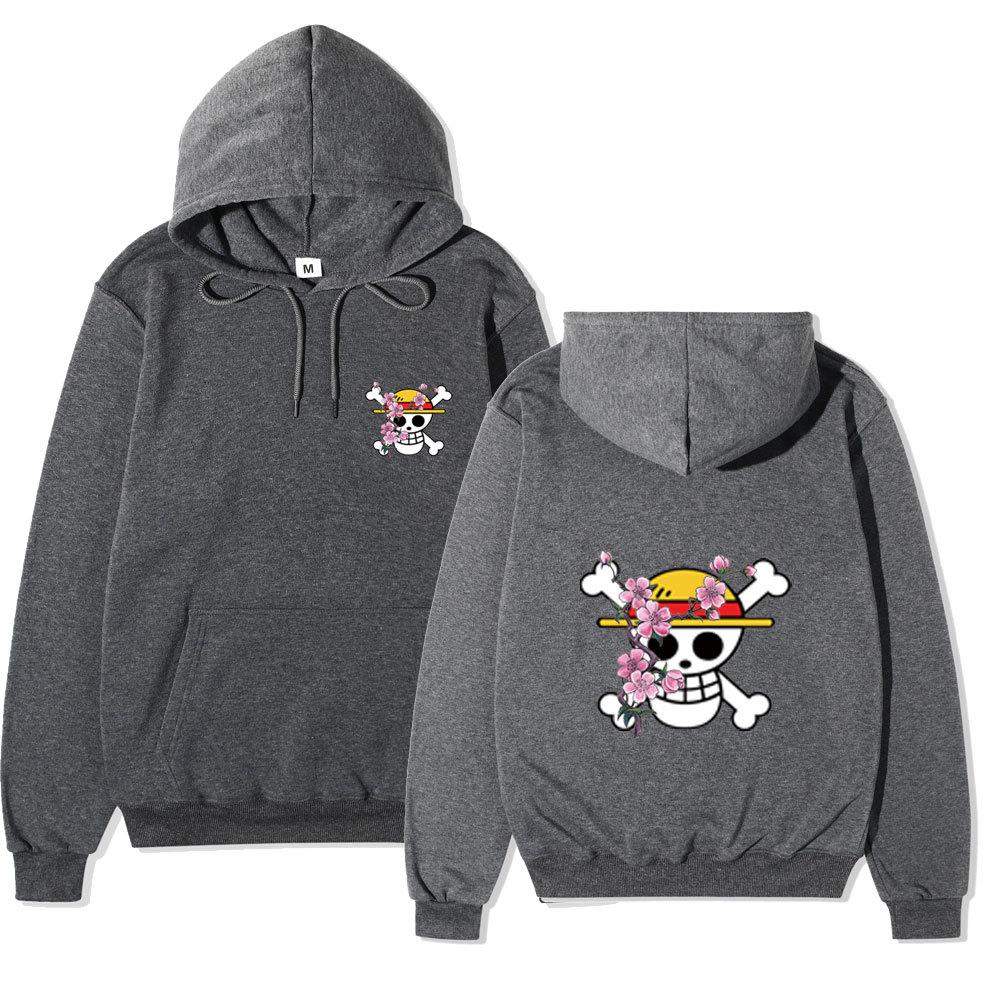Anime One Piece Straw Hat Pirates Cherry Blossom Hoodie, Front Back Double Sided Print Pullover Sweatshirt for Men Women
