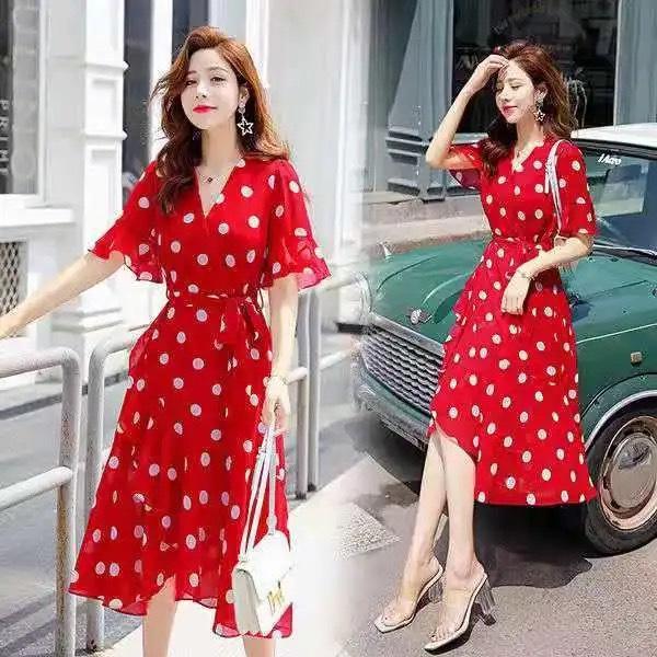 Dress Summer New Women's Clothing Korean Version Design Sense Niche Short-sleeved Polka Dot Skirt Polka Dot Little Red