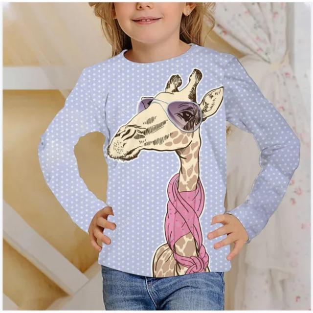 

Весенне-осенние футболки с круглым вырезом и 3D-принтом с изображением животного жирафа, модные повседневные детские футболки с длинным рукавом для девочек 170
