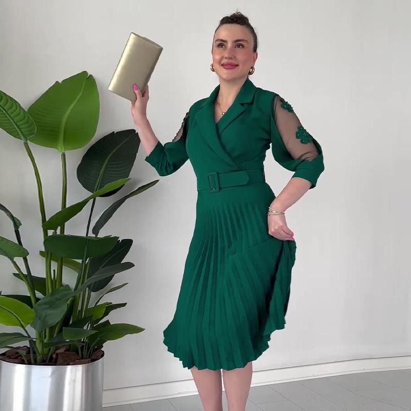 2024 Summer Women's Solid Color Mesh-Paneled Pleated Dress