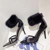 Modă Nouă Sandale cu Blană Artificială cu Curea pe Gleznă Femei Negru Imprimeu Șarpe Piele Vârf Ascuțit Tocuri de Stripper Pantofi Sandalias Mujer