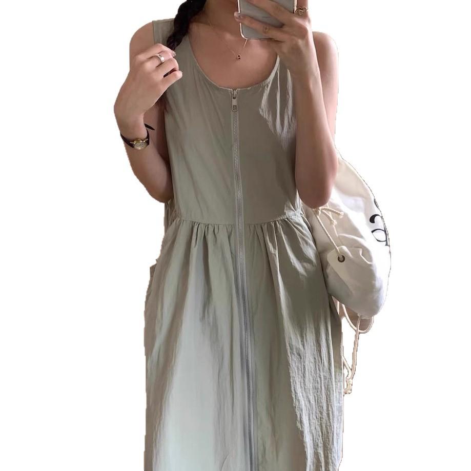 Korean Chic Summer Retro Niche Drawstring Waist Slim Big Pocket Zipper Tooling Vest Dress Women