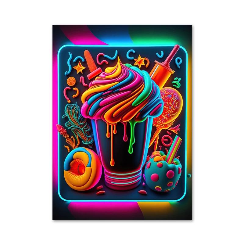 Colored Neon Lights Food and Beverage Posters Prints Hamburger Pizza Fruit Canvas Paintings Wall Art for Kitchen Home Decor