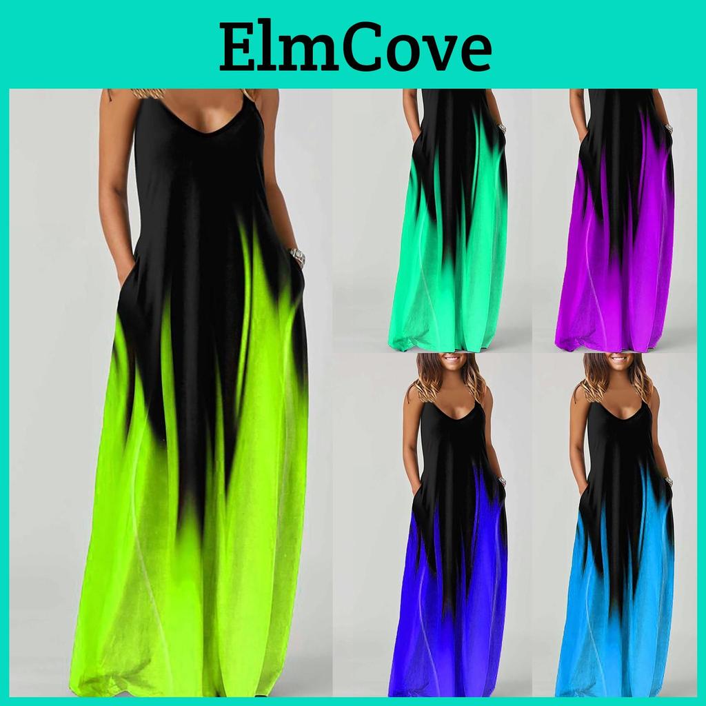 Damen Druckkleid Tasche Strandpartys Weste Party Ärmellos Super Langes Kleid