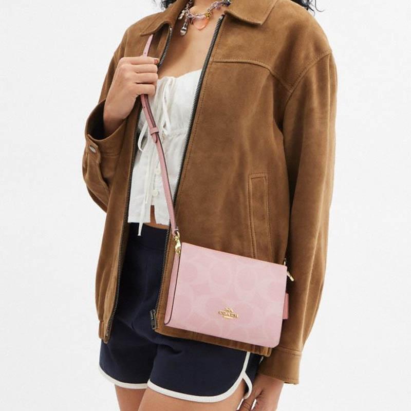 Coach 20 Slim Adjustable Detachable Shoulder Strap Coated Canvas Shoulder Bag Women Shoulder Bag Gold Pink CAR12-IMPO