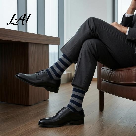 Daily Commute Work Socks Men Striped Crew Socks Cotton Dress Moisture Wicking Everyday Wear Resistant Breathable for Business Office Casual