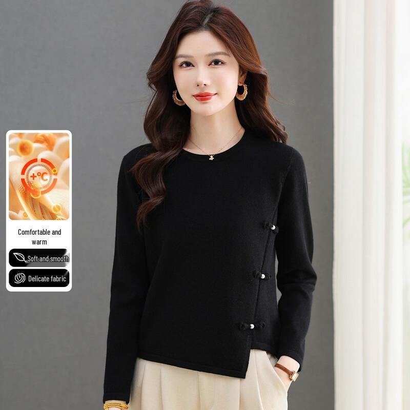 SNOWFLYING Women s New Chinese Style Frog Button Knit T-Shirt M
