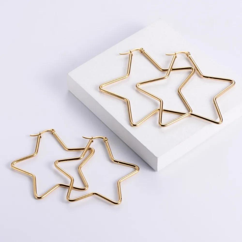 Stainless Steel Hollow Pentagram Hoop Earrings Boho Vacation Style Five-pointed Star Earring Punk Party Daily Jewelry Gift