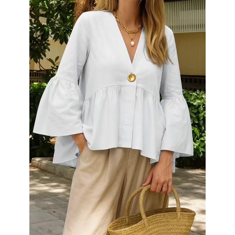 Damska bluzka peplum z dekoltem V i rozszerzanymi rękawami, zapinana na jeden guzik, codzienna